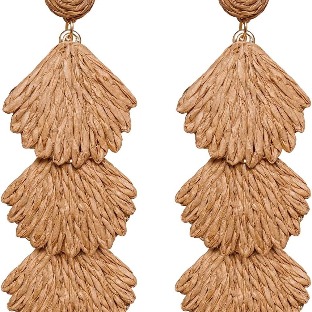 Brown Raffia Dangle Earrings With Shell Design, L… - image 1
